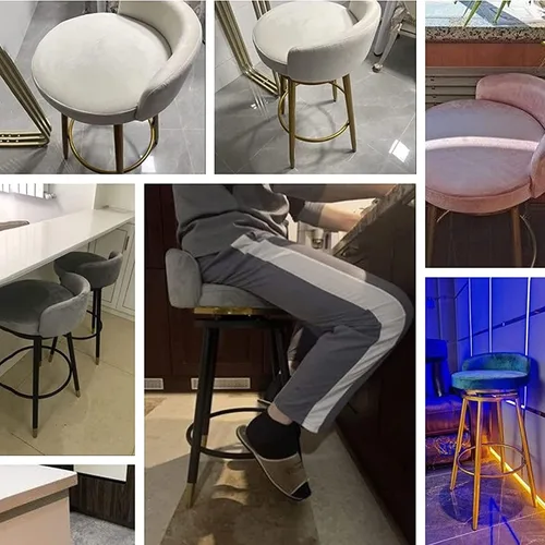 Vista 7 de Juego de 3 taburetes de bar modernos de terciopelo con respaldo y reposapiés, taburetes de bar giratorios de 360°, taburetes de bar sin brazos