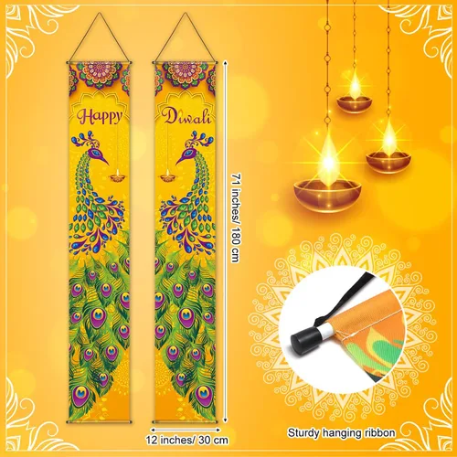 Vista 2 de Blulu Cartel de feliz Diwali para porche, decoración de Diwali para el hogar, pavo real, puerta, letrero de bienvenida, telón de fondo, decoración