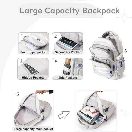 Vista 5 de Bonita mochila estética para niñas, estudiantes de secundaria, mochila para adolescentes, color sólido, ligera, mochila escolar informal con bolsa