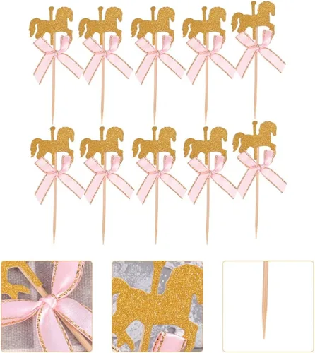 Vista 8 de Amosfun 50 piezas de carrusel de caballos de 4.72 x 1.77 pulgadas, decoración de madera para pasteles de cumpleaños, decoración de cupcakes