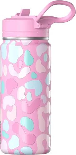 Vista 2 de Hydrapeak Mini botella de agua de 20 onzas con divertido estampado de calcomanías y tapa con popote, botella de agua aislada de doble pared de acero