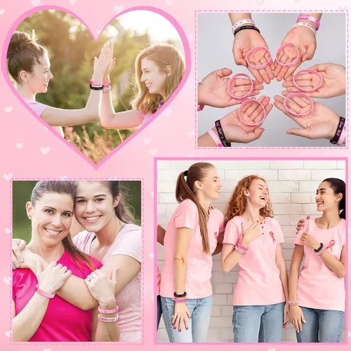 Vista 7 de JUNEBRUSHS 42 piezas de accesorios de concientización sobre el cáncer de mama, pulseras de silicona Esperanza Fe Fuerza Coraje, pulseras accesorios