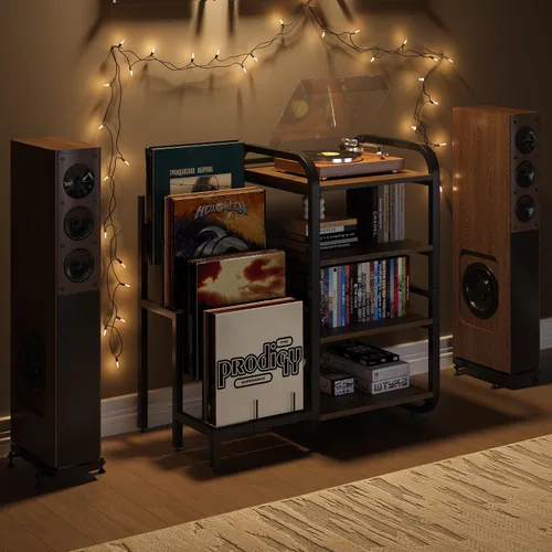 Vista 7 de Soporte para tocadiscos, mesa de almacenamiento de discos de vinilo de 4 niveles, soporte ajustable para tocadiscos, estante de vinilo con capacidad