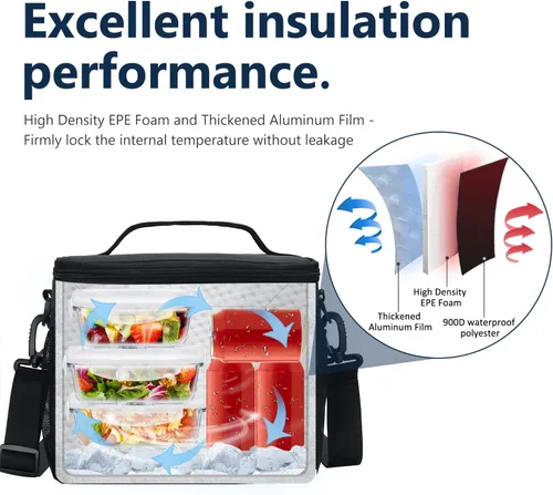 Vista 3 de Gloppie Fiambrera para hombres Bolsa de almuerzo para mujeres, a prueba de fugas almuerzo refrigerador bolsa negro gran almuerzo térmica
