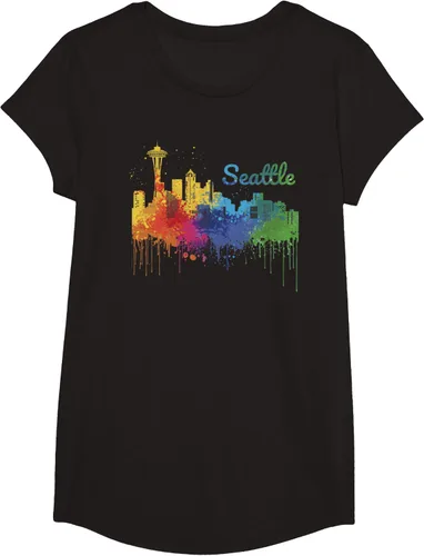 Vista 3 de Seattle Washington Skyline Watercolor Souvenir Seattle Camiseta, Negro