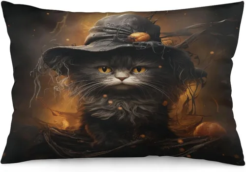Vista 11 de Funda de almohada con sombrero de bruja con diseño de gato de 20 x 30 pulgadas, diseño de impresión de doble cara con cremallera invisible, Patrón 8