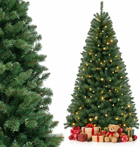 Vista 20 de COSTWAY Árbol de Navidad artificial de 6 pies, diseño preiluminado con Verde nevado