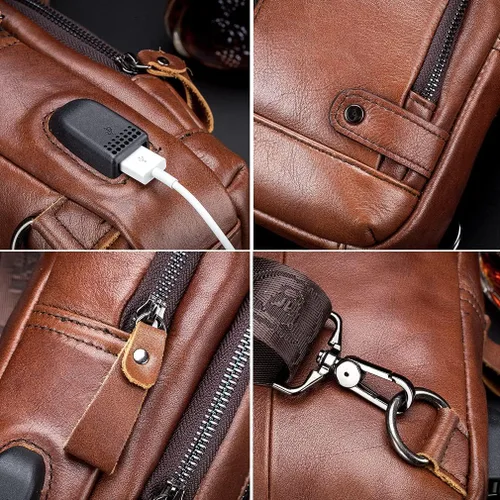Vista 7 de Vintage Leather Sling Bag Backpack for Men Crossbody Shoulder Chest Day Pack Backpacks #10Marrón