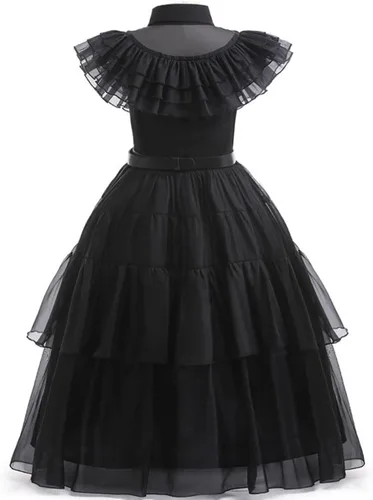 Vista 2 de Xinfenglai Wednesday Addams - Vestido de baile negro con cinturón, vestido de cosplay, juego de simulación, disfraz de fiesta de Halloween para niñas