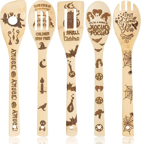Vista 8 de Eartim Cucharas de madera para el Día de la Madre, juego de 5 cucharas de cocina antiadherentes, cucharas de bambú quemadas, espátula ranurada