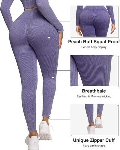 Vista 4 de FeelinGirl Conjuntos de entrenamiento para mujer, 2 piezas, manga larga, trajes de yoga, gimnasio, sin costuras, acanalados, cintura alta, leggings