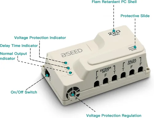 Vista 6 de BSEED Protector de sobretensiones de cableado, voltaje ajustable, protector de supresor de energía con indicadores de luz protegidos