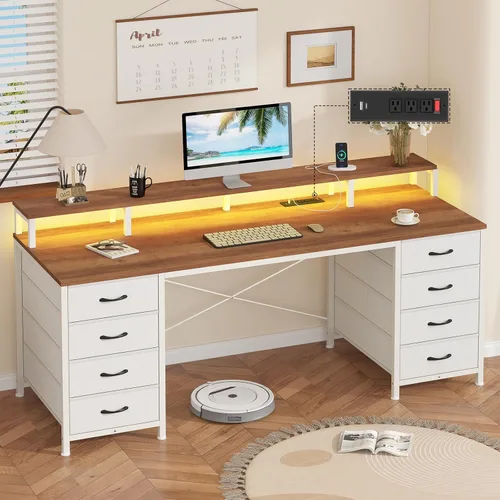 Vista 17 de YOMILUVE Escritorio para computadora de 50 pulgadas con 8 cajones, escritorio para oficina en casa con tomas de corriente, escritorio de trabajo