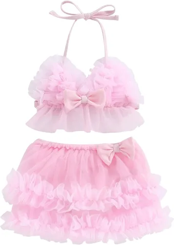 Vista 11 de Yccutest Traje de baño de flores para bebé, 3 piezas, parte superior triangular, parte inferior con volantes, sombrero para el sol, conjunto