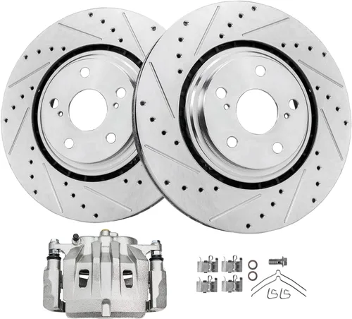 Vista 23 de Detroit Axle - Rotores perforados delanteros de 10.827 in + pinza de freno lateral del pasajero de repuesto para Toyota RAV4 Prius V Lexus HS250H