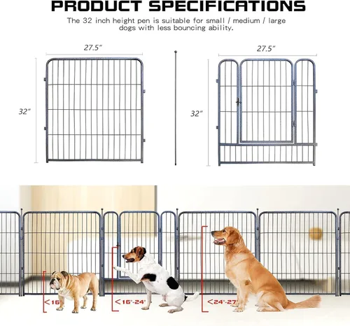 Vista 2 de Corralito para perros, 32/40/45 pulgadas de altura en resistente, plegable para interiores y exteriores, valla antióxido para ejercicio de perros