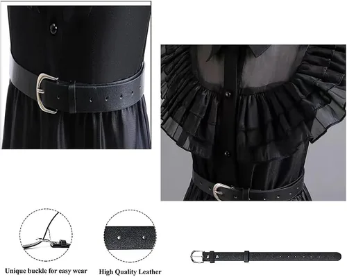 Vista 4 de Meiniyea Disfraz de miércoles Addams para niñas, disfraz casual para niños, disfraz de Halloween, cosplay, vestido de fiesta, color negro