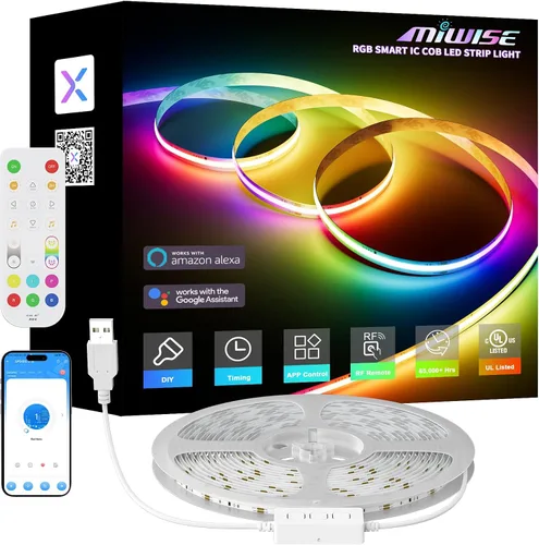 Vista 10 de MIWISE Tira de luz LED RGB Smart IC COB, luz de cinta LED flexible de 20 pies, tira RGB direccionable WS2811 con control de aplicación/modo