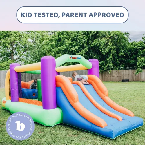 Vista 4 de Bounceland Pro Racer - Casa de rebote de obstáculos con toboganes dobles, rebote, subida, tobogán todo en uno, soplador UL 1 HP incluido, 19 pies x