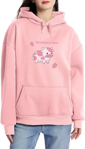 Vista 2 de KEEVICI Sudaderas con capucha para mujer, con estampado de vaca de fresa, casual, mullida