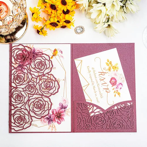 Vista 8 de Página interior personalizada, cortada con láser, bolsillo para tarjetas de invitaciones de boda con sobre para fiesta de cumpleaños, invitación