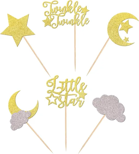 Vista 3 de Rsstarxi Paquete de 36 adornos para cupcakes con purpurina de luna, nubes y nubes, para baby shower, cumpleaños, boda, fiesta, suministros de Diseño