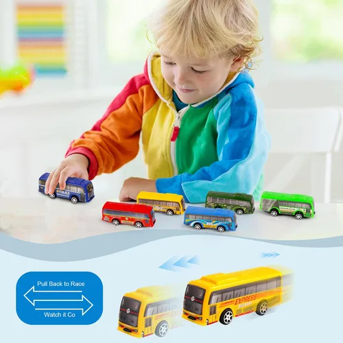 Vista 4 de Juego de 16 piezas de vehículos de autobús urbano con tracción trasera, mini autos para niños pequeños, vehículos de carreras impulsados por
