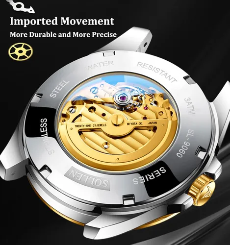 Vista 3 de SOLLEN Reloj mecánico de los hombres, reloj automático clásico de los hombres del acero inoxidable, reloj de pulsera