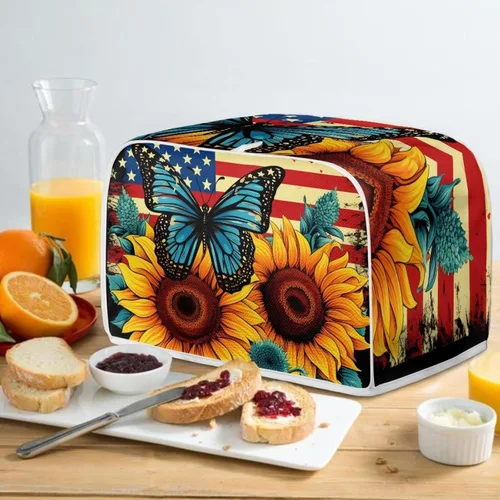 Vista 5 de Funda para tostadora Baxinh con estampado de mariposas y girasoles, 2 rebanadas, bandera americana, cubierta pequeña para electrodomésticos