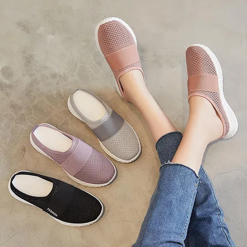 Vista 7 de Pantuflas planas de malla de punto para mujer, tela de malla transpirable sin espalda, antideslizantes, suela suave, cómodas, sin cordones