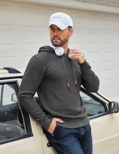 Vista 13 de COOFANDY Sudadera con capucha para hombre, casual, de manga larga, con cordón, de punto gofre, ajustada