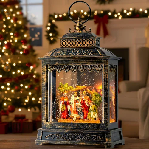 Vista 12 de Globos de Nieve de Navidad, Farol de Agua de Navidad con Carruaje e Iglesia Azul, Música y Temporizador de 6 Horas, Faroles Iluminados con Cable