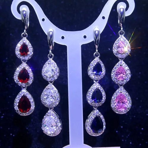 Vista 7 de LMXXVJ Juego de collar y aretes largos, chapados en oro blanco, juego de joyas de zafiro azul creado, joyería de regalo para boda, fiesta, joyería