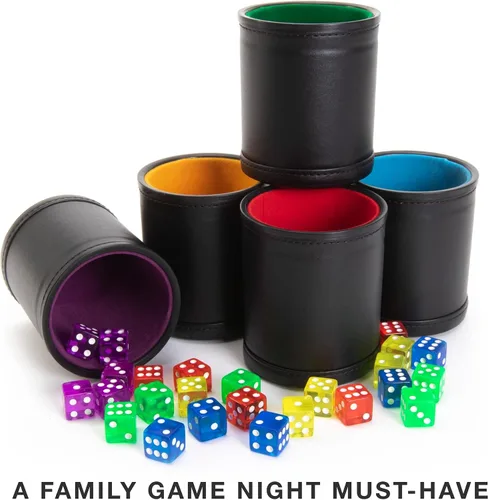 Vista 7 de Brybelly Juego de dados con taza de dados – Perfecto para juegos de dados de casino para la familia de dados de cuero – Coctelera de dados de póker