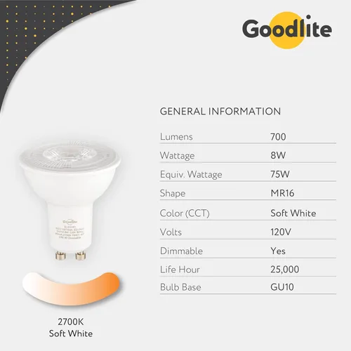 Vista 4 de GOODLITE® G-83481 - Bombillas LED GU10 de 8 W, equivalentes a bombillas halógenas de 75 W, regulables, 700 lm, blanco cálido, 2700 K, ángulo de haz