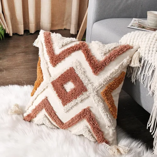Vista 7 de JASEN Fundas de almohada bohemias, fundas de almohada decorativas tejidas con borlas y patrón de diamantes para sofá, dormitorio, sala de estar, sin