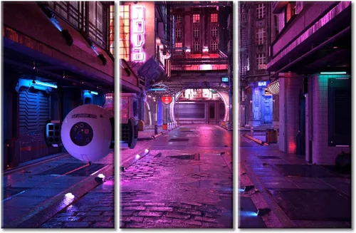 Vista 41 de Arte de pared de 3 piezas de escena de ciencia ficción de la calle comercial futurista paisaje urbano, decoración de pared para dormitorio
