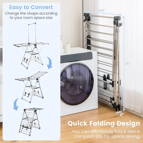 Vista 3 de Giantex Estante de secado de ropa, estante de secado de ropa plegable con altura ajustable de 6 niveles, diseño de colgador alto, clips laterales
