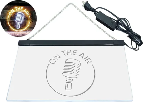 Vista 25 de ADVPRO - cartel de neón para estudio de grabación, LED, con micrófono y rótulo «On the air» azul y Red