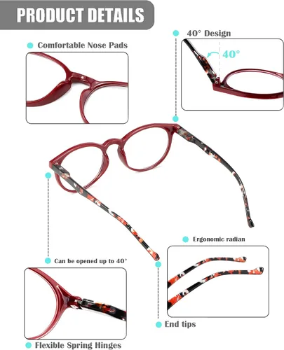 Vista 4 de MDee Gafas de lectura para mujer, paquete de 3 unidades, redondas, con bloqueo de luz azul, bisagras de resorte
