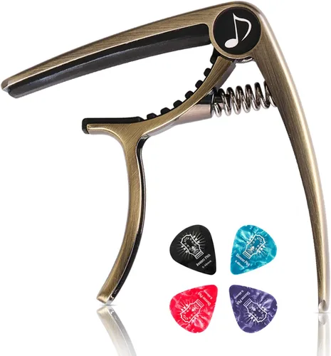 Vista 8 de Donner Cejilla para guitarra eléctrica y acústica DC-2, Ukelele Capo Negro con 4 púas