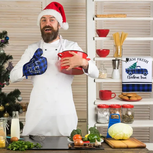 Vista 5 de Leinuosen Juego de 6 Piezas de Cocina de Navidad Juego de Toallas de Mano para Platos, Soportes para Ollas y Guantes de Horno Toallas de Té