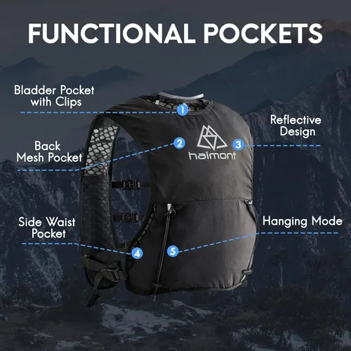 Vista 6 de Chaleco de hidratación para correr Haimont, paquete ligero de 5L para mujer y hombre, para correr en senderos Bounce-Free Fit, Front Fuel Storage