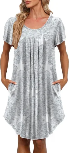 Vista 2 de Camisones plisados de manga corta para mujer, con bolsillos para las manos (S-5XL)