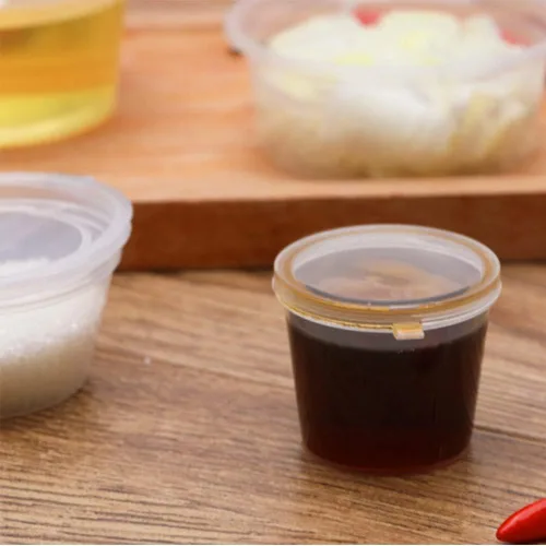 Vista 5 de MIUPOO Vasos de plástico para soufflé, desechables transparentes a prueba de fugas con tapa con bisagras, se utilizan para varias salsas, muestras