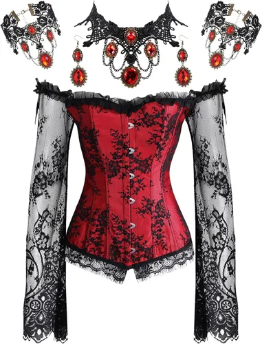 Vista 8 de Haysandy Conjunto de corsé gótico con mangas de encaje y pulsera Negro