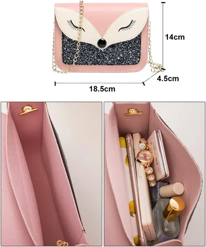 Vista 2 de Monedero de piel con lentejuelas de zorro para niña, bolso pequeño de hombro para regalo para niños, Rosado