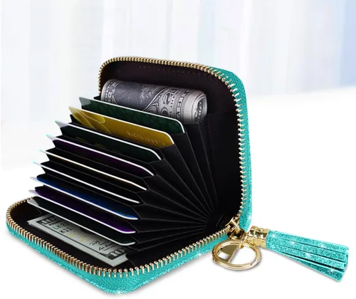 Vista 2 de Coco Rossi Tarjetero de crédito para mujer, cartera pequeña, funda RFID Un brillo azul y verde