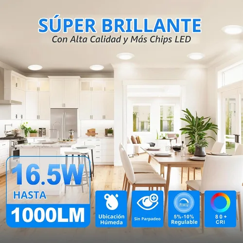 Vista 2 de ECOELER 3CCT - Luz LED de disco, luces de techo empotrables regulables de 6 pulgadas, 16.5 W 1000 lm, 3000 K/4000 K/5000 K seleccionables, adecuadas