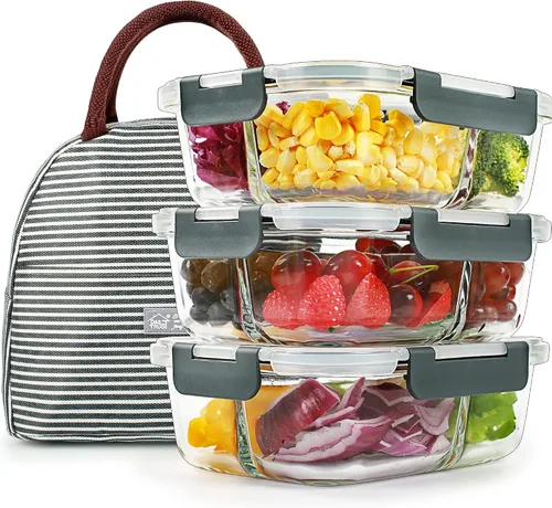 Vista 14 de DAS TRUST Paquete de 3 recipientes de vidrio para almacenamiento de alimentos, 2 compartimentos, recipientes de vidrio para preparación de comidas